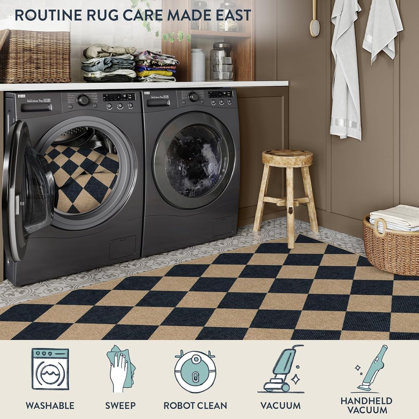 Lahome Checkered Easy Jute Outdoor Rug, Large 6x9 Rug for Living Room Checkerboard Indoor Outdoor Carpet, Farmhouse Patio Office Mat Geometric Non Slip Black Carpet for Backyard Dining Room