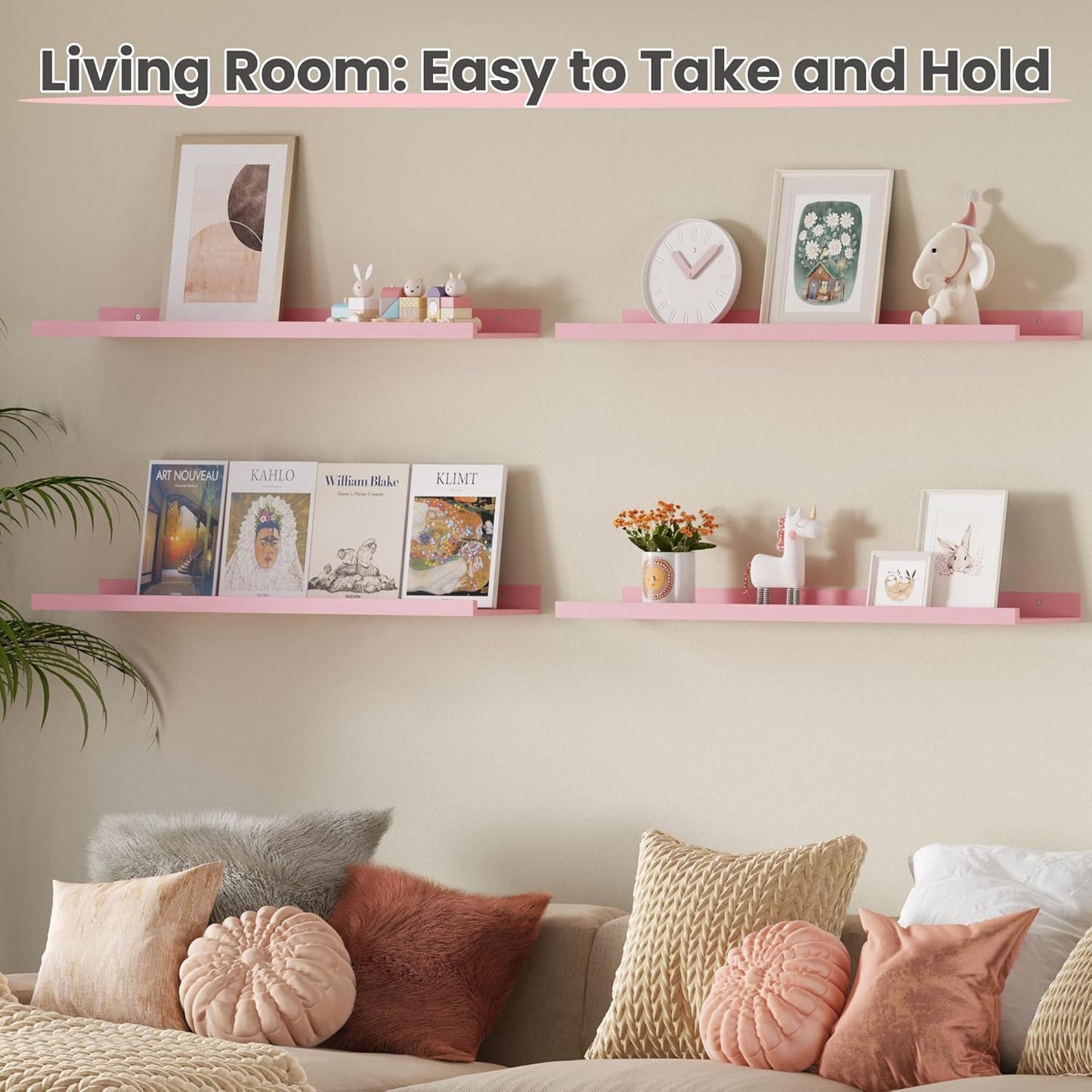 upsimples Pink Shelves for Wall, Cute Room Decor for Teen Girls, Bedroom, Living Room, Game Room, 6 Pack 35.5 inch Long Wall Mounted Wood Shelves for Pictures, Toys