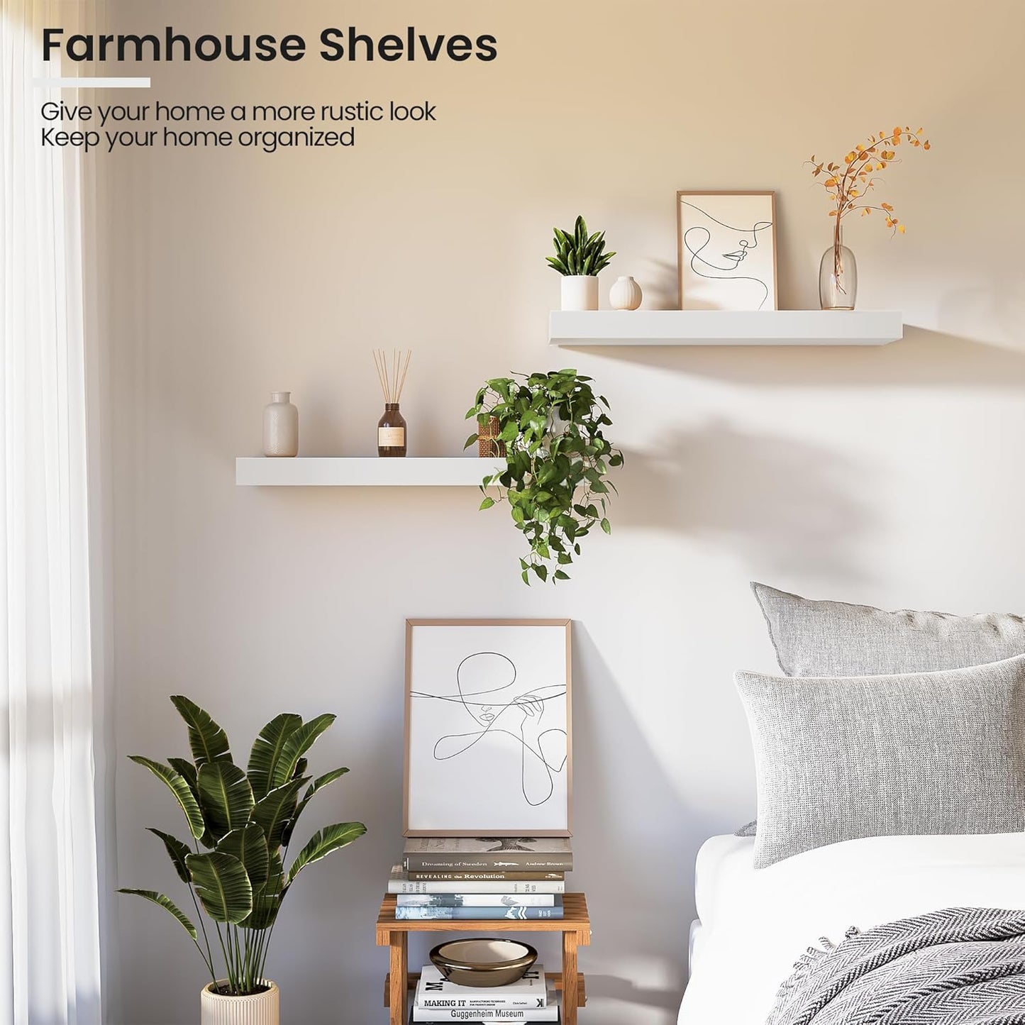 Floating Wood Shelves for Wall 16 Inches x 8”x 1.4” Shelf Floating Home Decor, Heavy Duty Shelf Hold 35 lbs, Wall Shelves for Bathroom Living Room Kitchen Bedroom Office - Set of 2 White