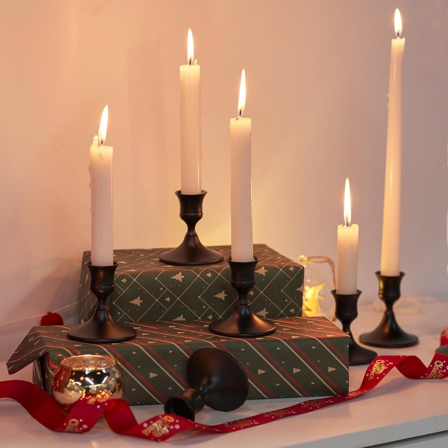 Black Taper Candle Holder, Candlestick Holders, Vintage Metal for Table Centerpieces Wedding Decor (Matte Black, 4 Pcs)