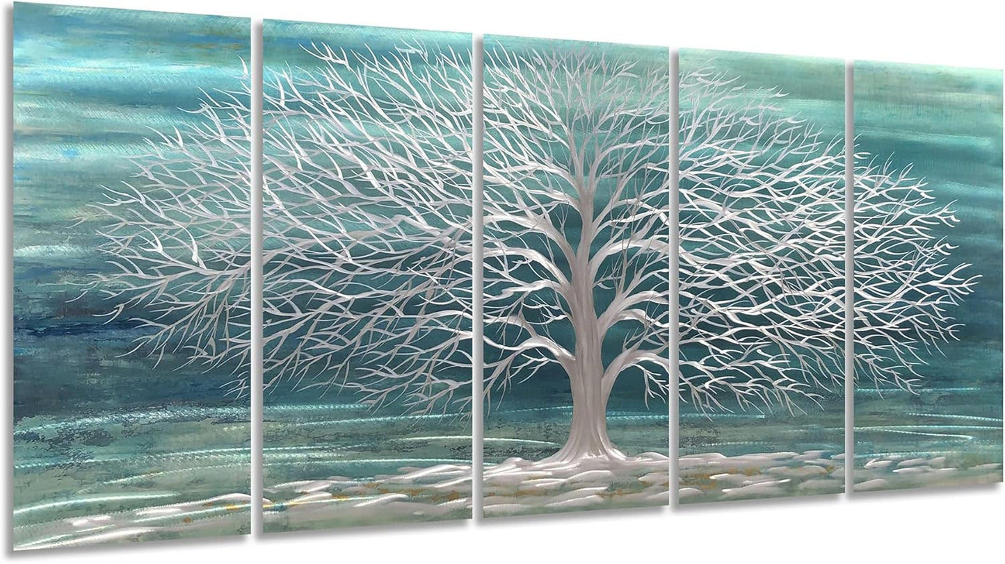 Yihui Arts Large Metal Wall Art Handcrafted Aesthetic Tree Pictures on Aluminum 5 Panels Teal and Silver Abstract Landscpae Artwork for Living Room Bedroom Dinning Decor