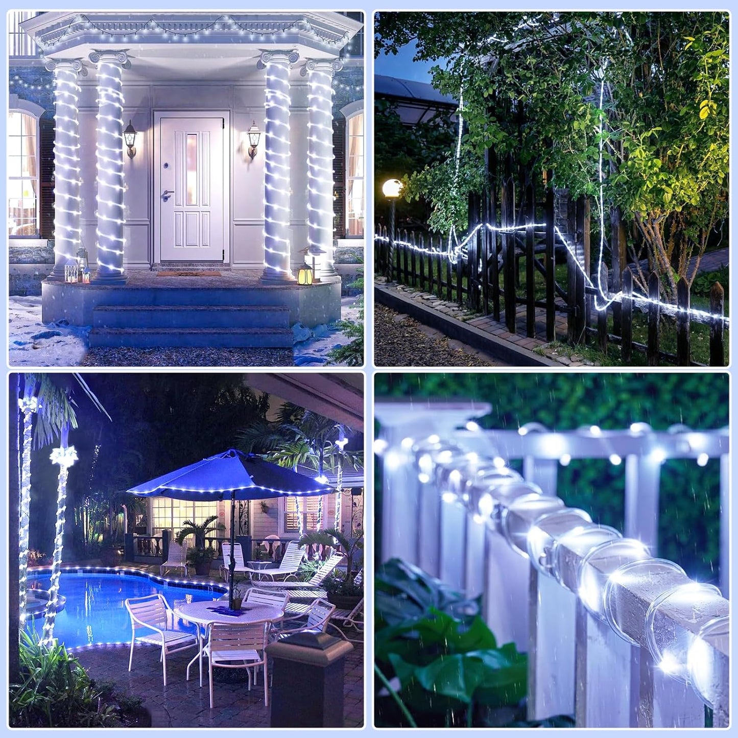 164FT Rope Lights Outdoor, 500 LED White Rope Lights Indoor Waterproof, 8 Modes Plug in Connectable String Lights for Outside Garden, Deck, Patio, Pool, Bedroom, Landscape, Party Decorations