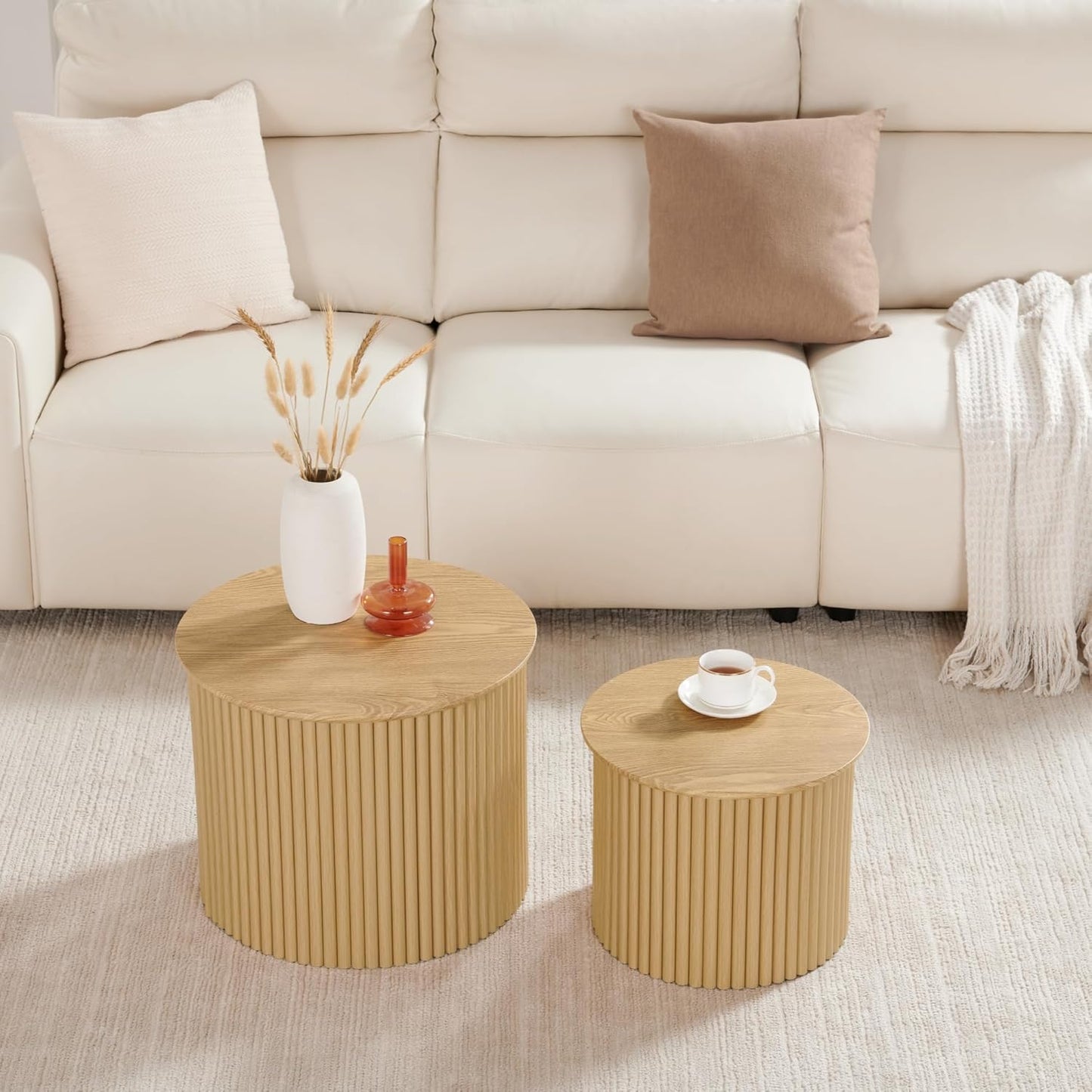 Fluted Round Nesting Coffee Table Set of 2, Small Coffee Table Circle Side Table, Boho Modern Wood Nesting Table Farmhouse End Tables Set for Living Room, Bedroom, Small Spaces(Natural)