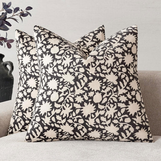 Foindtower Set of 2 Decorative Neutral Floral Throw Pillow Covers Accent Farmhouse Cushion Covers Boho Vintage Pillowcase for Couch Sofa Bedroom Living Room Home Decor Outdoor18×18 Inch,Black