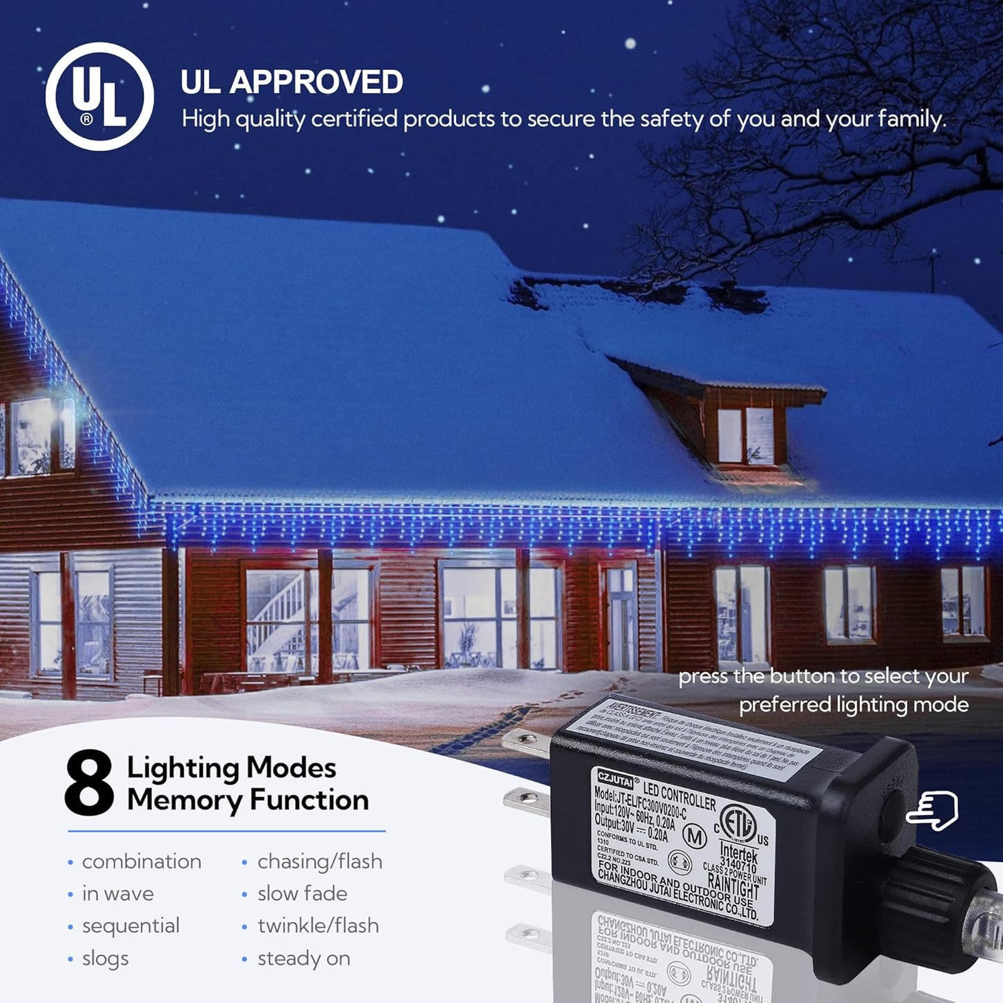 Hopolon 33FT 360L LED Christmas Icicle Lights Outdoor Waterproof,8 Modes Plug in Curtain String LIghts With 60 Drops,Christmas Lights for Wedding,Party,Bedroom,Home,Garden,Wall Decorations(Blue White)