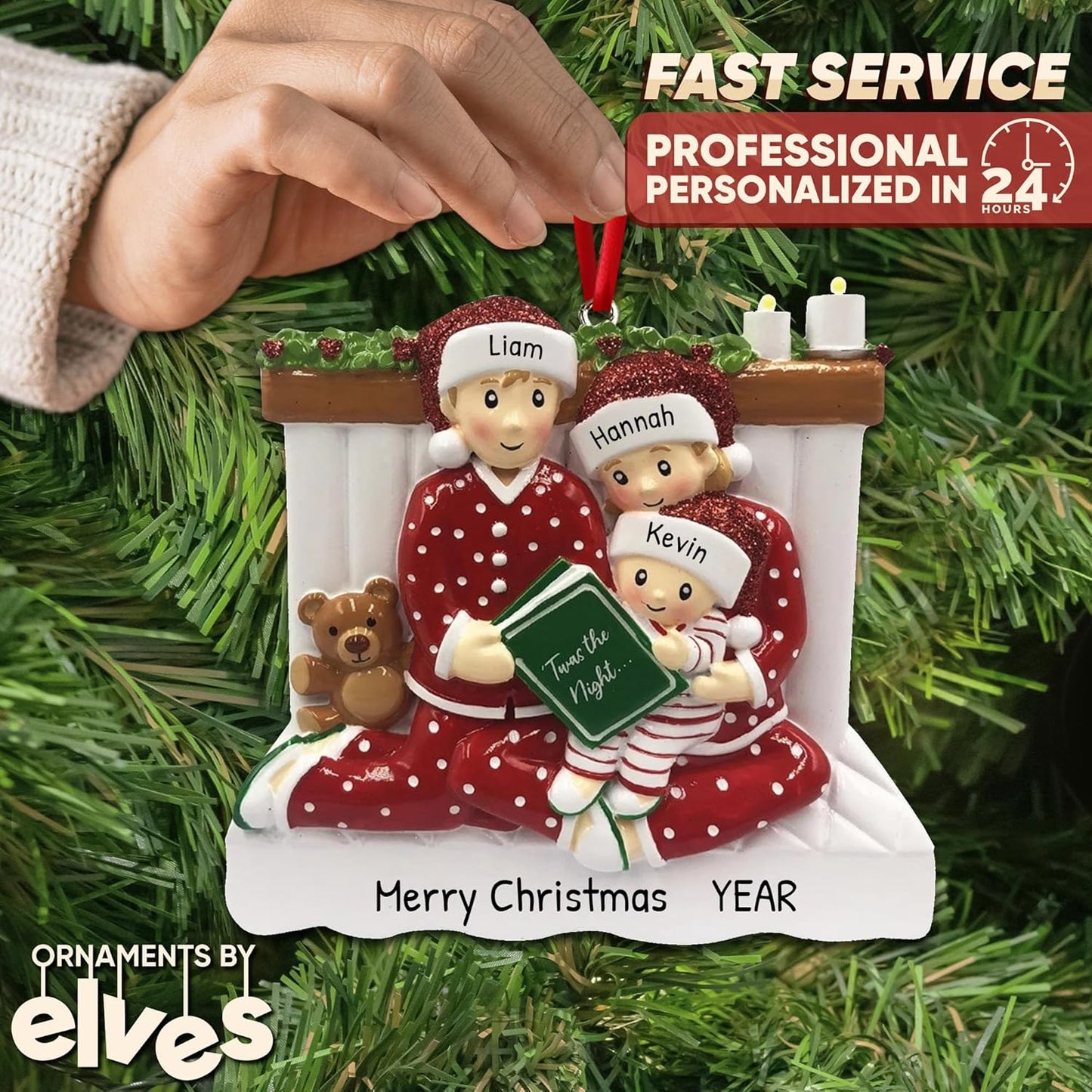 Fireplace Family of 3 Christmas Ornament 2025 Personalized Family Christmas Ornaments 2025 | Bedtime Reading w/Teddy Personalized Tree Ornaments Customizable Gifts Matching Pajamas of Three Ornament