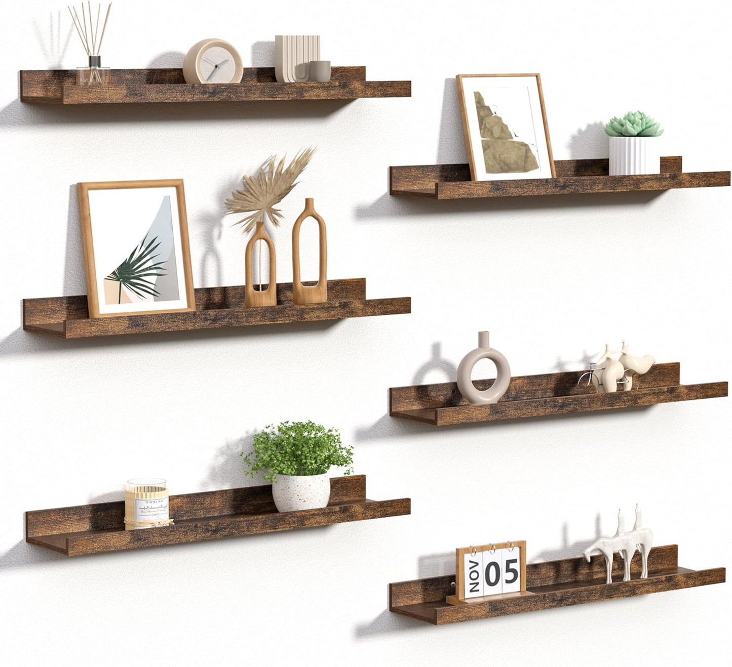 upsimples Floating Shelves for Wall, Wall Shelves for Decor Storage Set of 6, Wall Mounted Wood Shelf for Bedroom, Living Room, Bathroom, Kitchen, 23.6 inch Long Picture Ledge Shelf, Brown