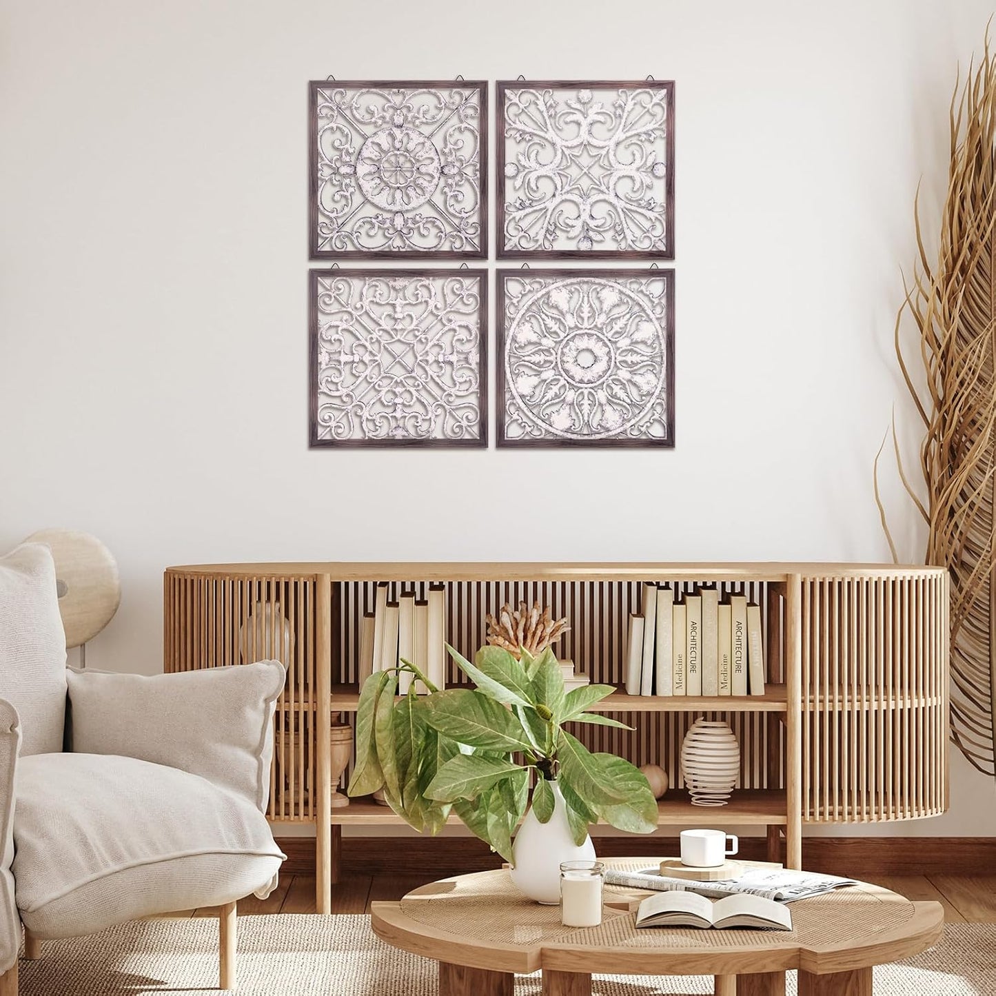 Tatuo 4 Pcs Wood Art Wall Decor Farmhouse Decorative Wood Panels Modern Wall Decor for Living Room Home Kitchen Dining Room(Square,Brown, White)