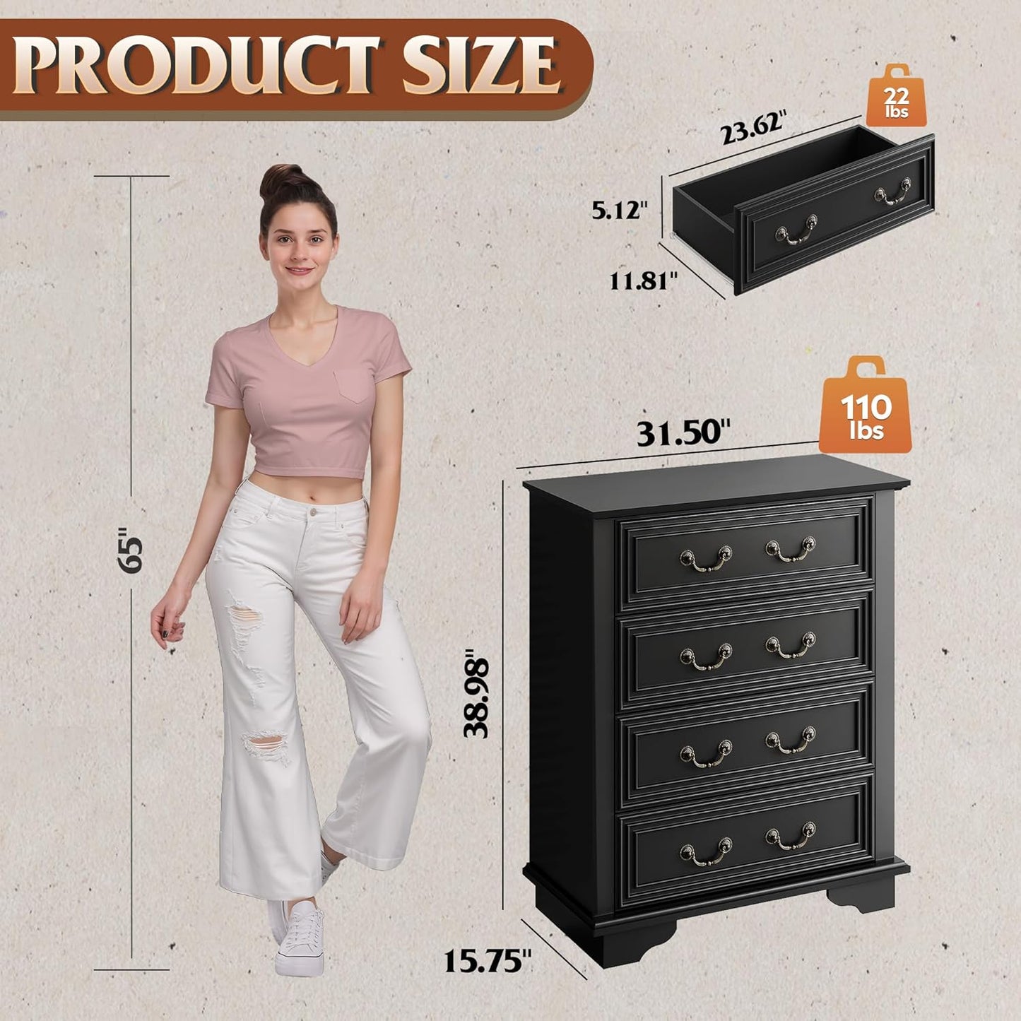 WLIVE Farmhouse Dresser for Bedroom, Tall Wood Dresser with 4 Drawers, Chest of Drawers with Roman Metal Handle for Living Room, Hallway, Closet, Black