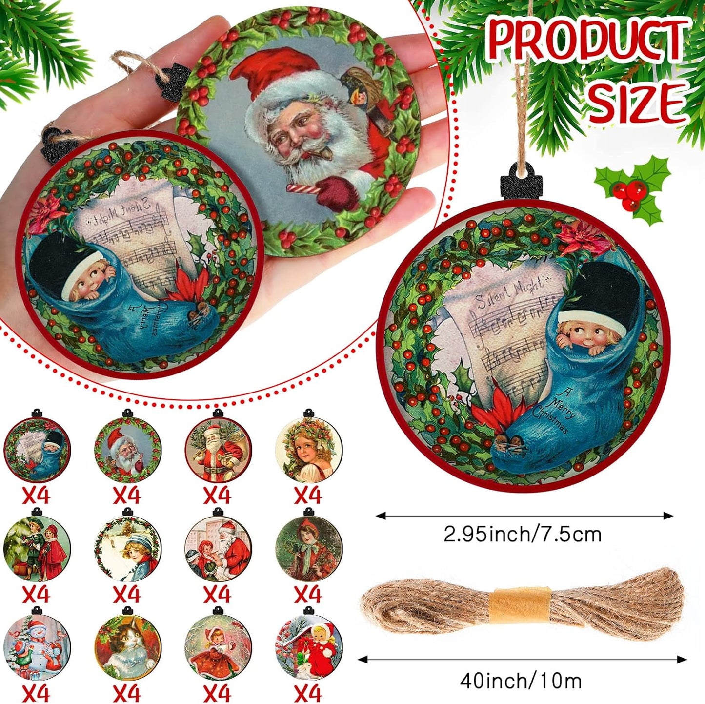 48-Piece Vintage Wood Christmas Tree Ornaments - Santa, Snowman & Retro Decor