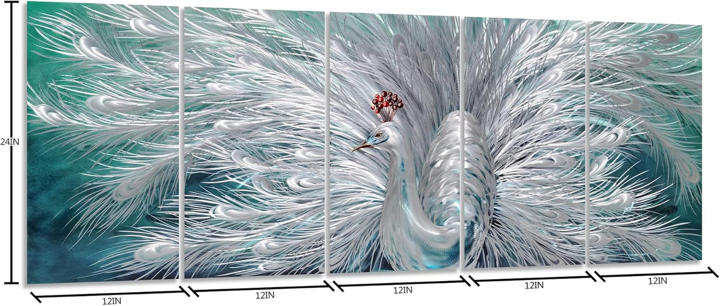 Yihui Arts Peacock Metal Wall Art, Teal and Silver Aluminum Artwork, Modern Sculpture for Living Room Bedroom Bathroom Decor