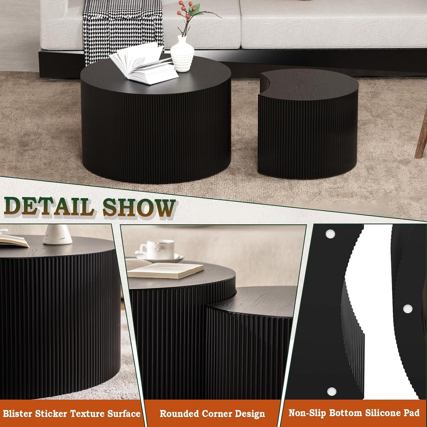 Round Nesting Coffee Table Modern Fluted Coffee Table Set of 2 Circle Drum Coffee Tables Small Round Accent Side End Table for Living Room No Assembly (Black B 27in)