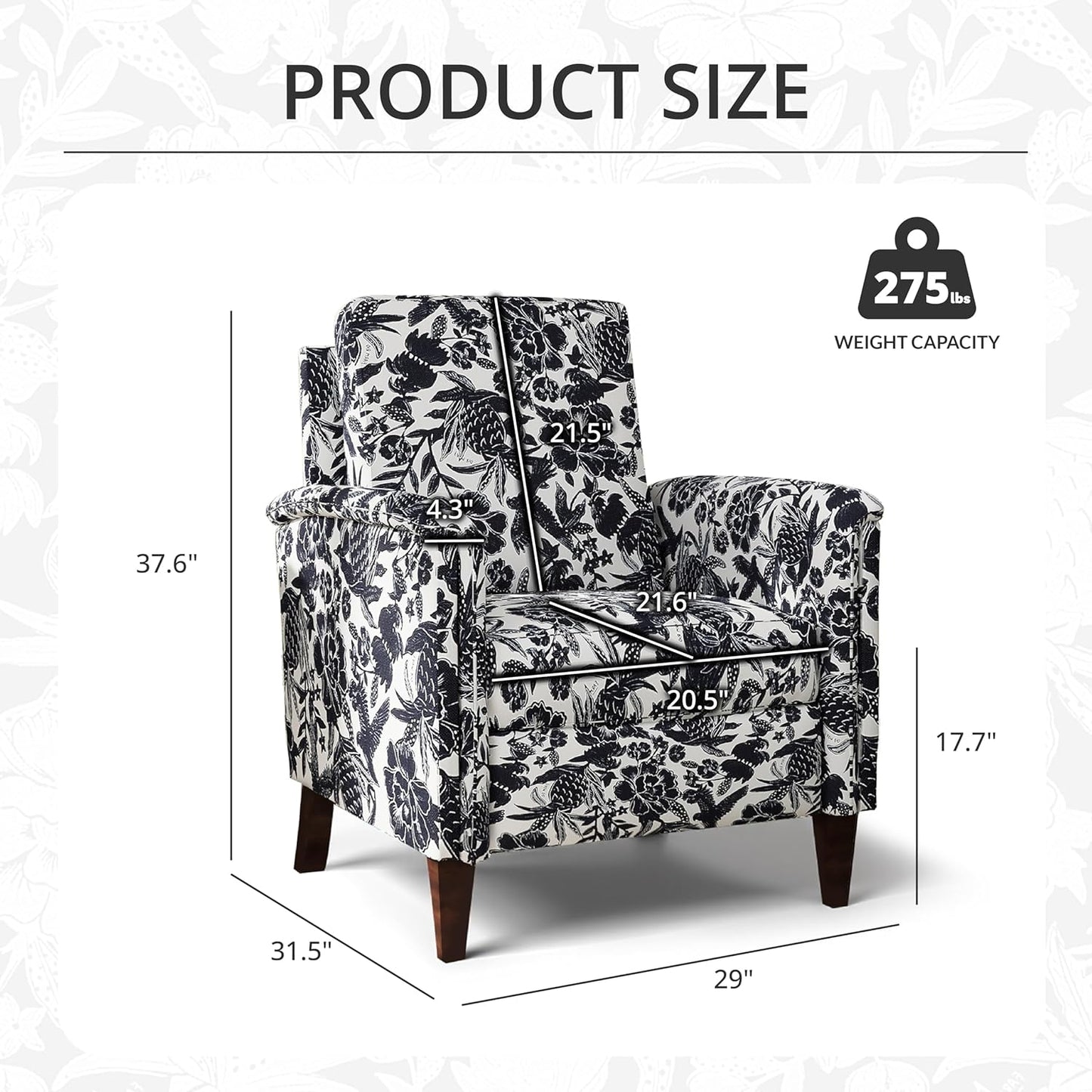 Floral Accent Chair Set of 2, High Back Upholstered Armchair with Solid Wooden Legs, Padded Armrest and Removable Comfortable Cushioned Seat Single Sofa for Living Room, Bedroom, Black