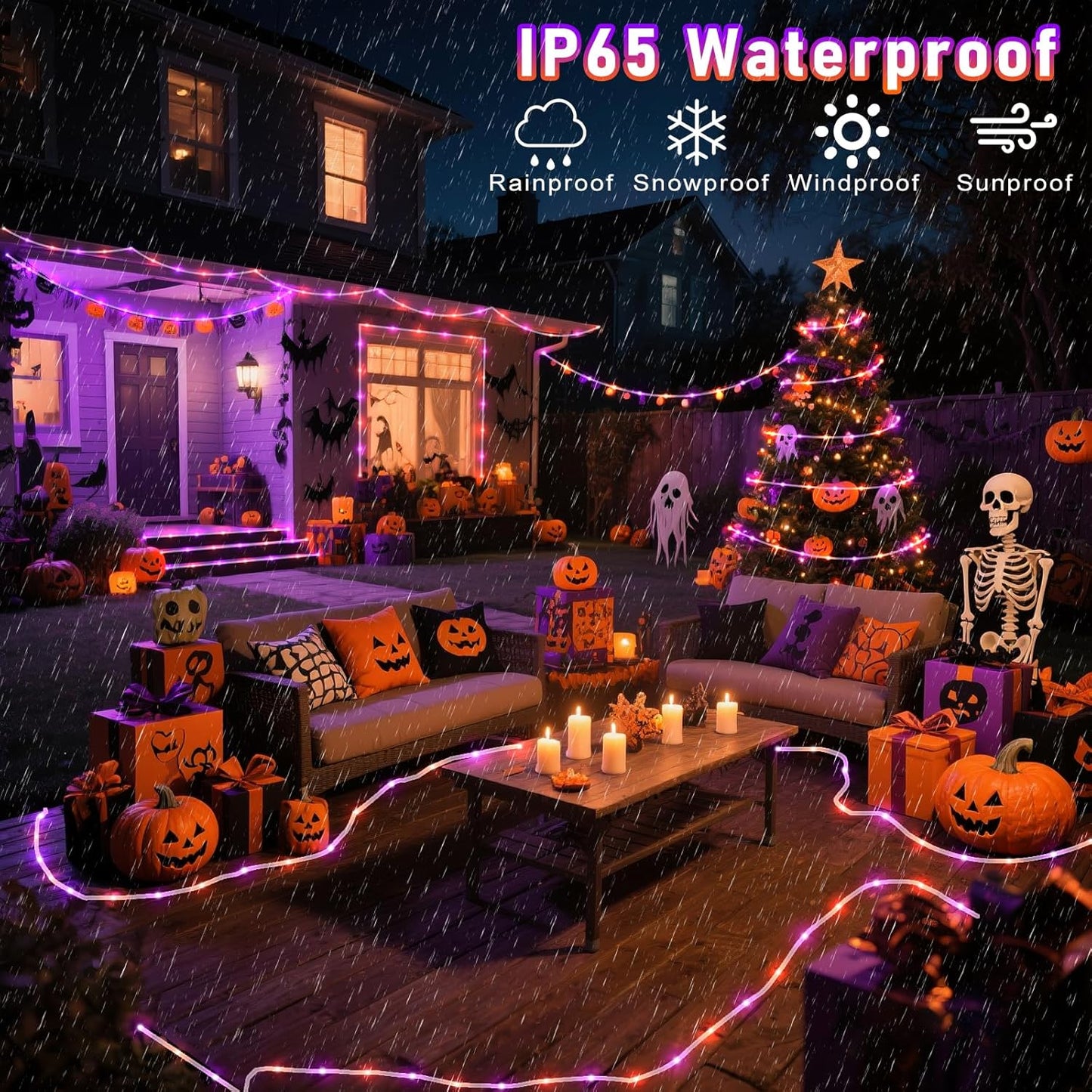 Purple Orange Halloween Lights, 100FT 300 LED Rope Lights for Outside Waterproof with 8 Modes, Connectable String Lights for Indoor Patio, Trampoline, Garden, Pool, Tree, Holiday Decorations