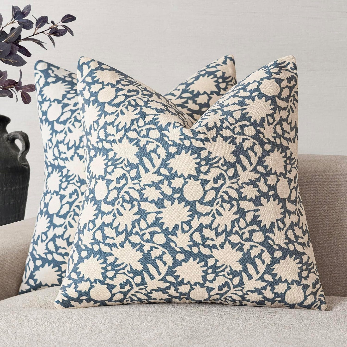Foindtower Set of 2 Decorative Neutral Floral Throw Pillow Covers Accent Farmhouse Cushion Covers Boho Vintage Pillowcase for Couch Sofa Bedroom Living Room Home Decor Outdoor,22×22 Inch,Dusty Blue
