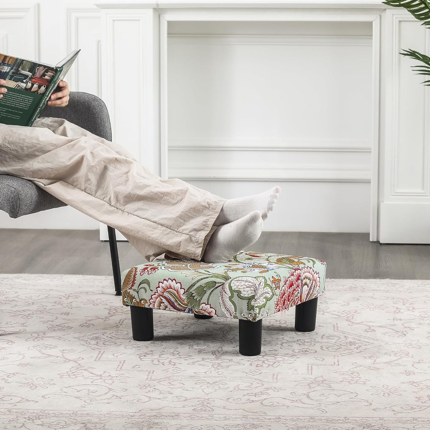 Joveco Small Foot Rest Stool Ottoman, 15" Fabric Square Footstool Upholstered Footrest for Chair, Under Desk, Office, Living Room, Boho Floral