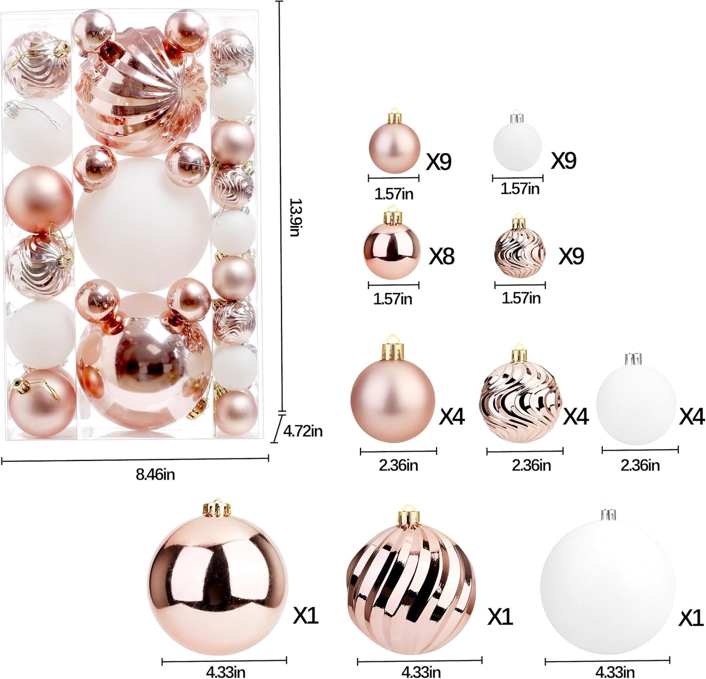 Christmas Ball Ornaments for Xmas Decorations,50 pcs Christmas Extra Large Tree Shatterproof Ornaments-Rose Gold (Combo of 5 Style in 3 Sizes)