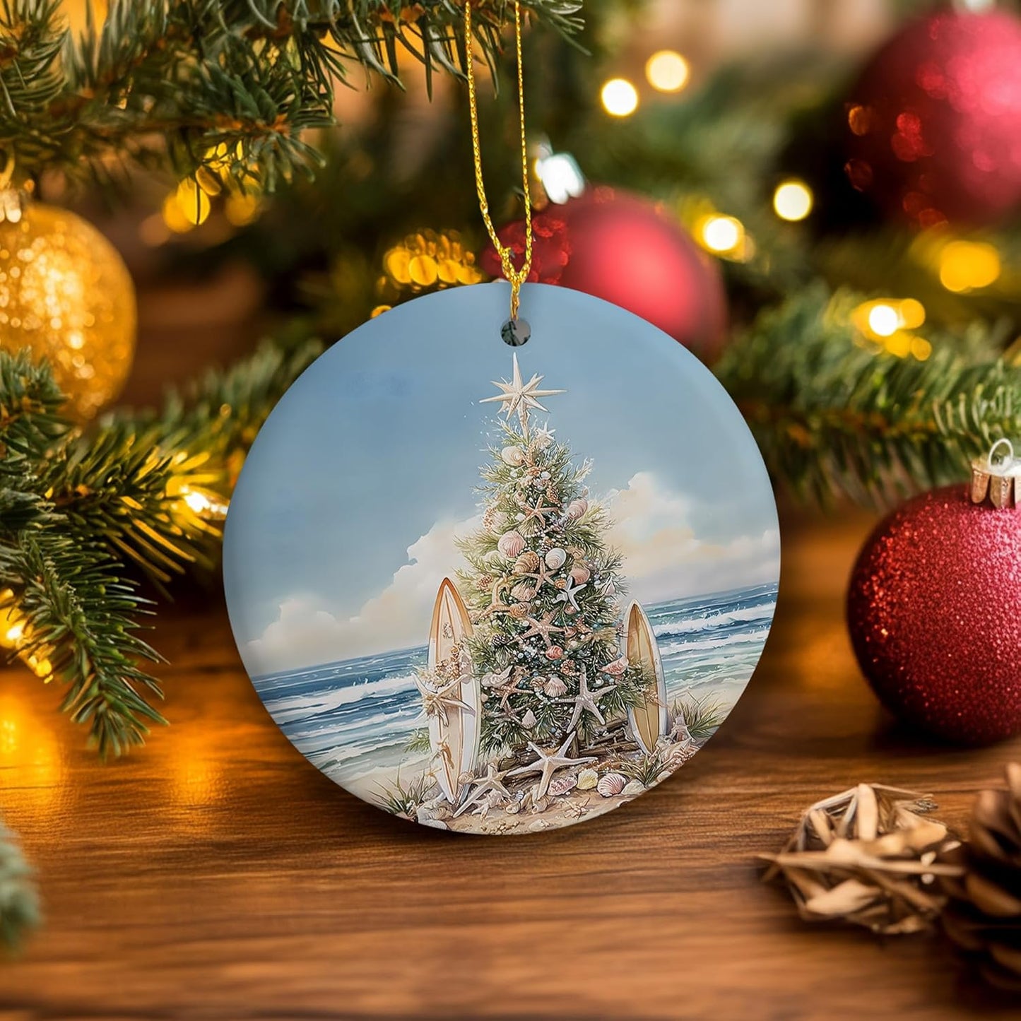 Coastal Beach Christmas Ceramic Ornament Gifts, Ocean Beachy Seashell Christmas Decorative Hanging Ornaments for Xmas Tree Holiday Party Decoration, Coastal Beach Xmas Tree Decorations