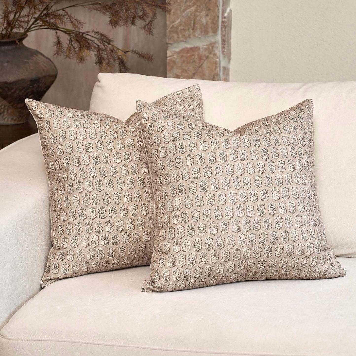 DOMVITUS Floral Pillow Covers Set of 2, Throw Pillow Covers 20x20, Floral Print Neutral Accent Decorative Pillow Covers for Living Room, Bed, Cloud Cream