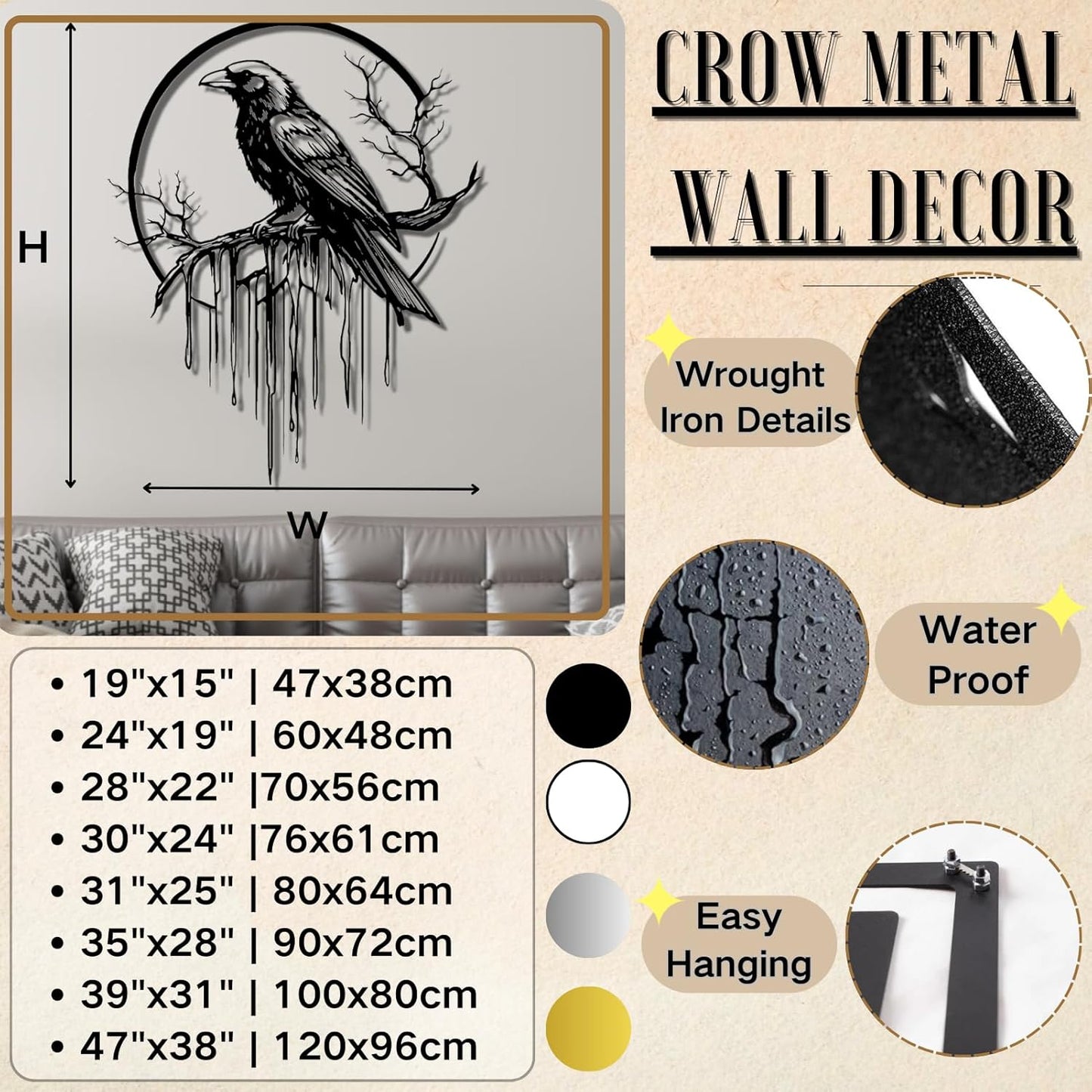 Crow Metal Wall Decor, Raven Wall Art, Large Gothic Raven Decor Hangings, Bird Wall Decor, Metal Tree Branch Decor, Ravens Sign, Raven Art for Living Room (White, 35"x28" | 90x72cm, metal wall art)