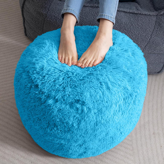 HIGOGOGO Round Stuffed Pouf Ottoman, Long Faux Fur Poufs with Foam Chunk Filling, Fluffy and Furry Pouf Foot Stool Storage Ottoman, 20 X 15 Floor Poufs Foot Rest for Living Room, Blue