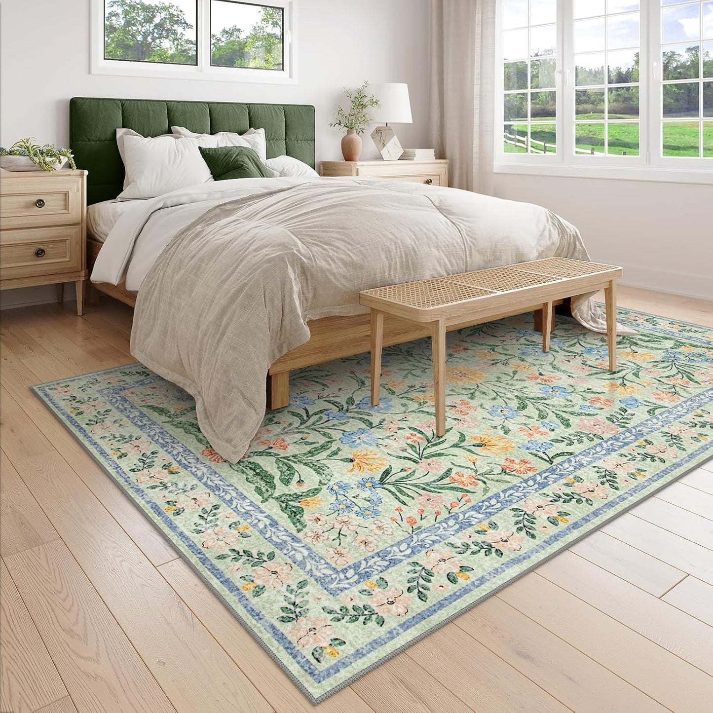 Wonnitar Machine Washable 5x7 Area Rug, Boho Floral Rugs for Living Room Non-Slip, Soft Pink and Green Flower Ultra-Thin Non Shedding Carpet for Bedroom Dining Room Nursery