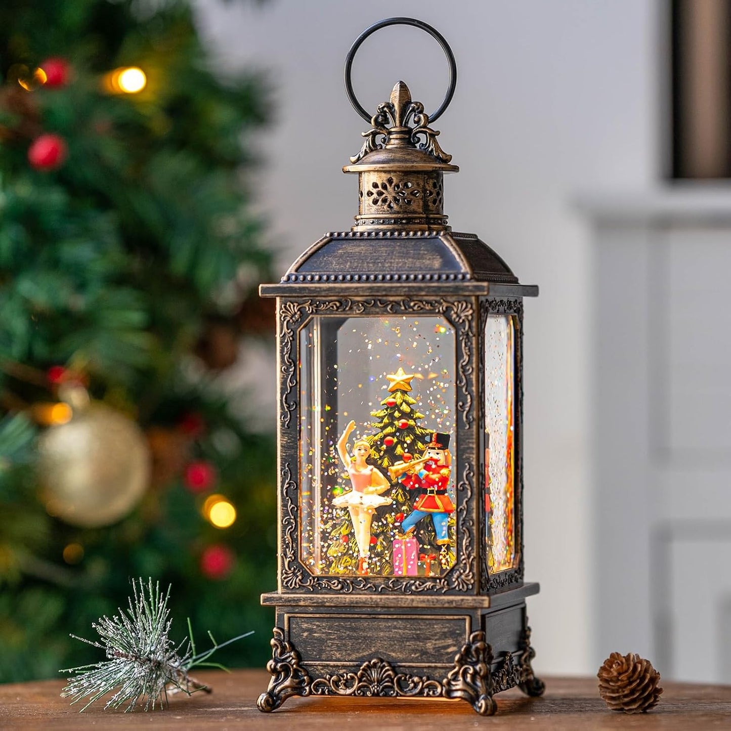 Christmas Snow Globe Lantern Water Glittering Nutcracker Ballerina with Music & Timer, USB Lined/Battery Operated Lighted Lantern for Christmas Festival Decoration Gifts