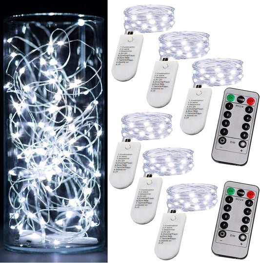 6 Pack Fairy Lights Battery Operated Mini String Lights with Timer 2PCS Remote 6.5ft 20LED Cool White Firefly Lights Waterproof Silver Wire Twinkle Lights DIY Mason Jar Wedding Party Christmas Decor