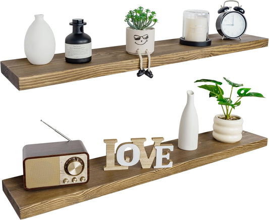 BGMG Floating Shelves for 48 inch Long Set of 2,Wide Rustic Wooden Wall Shelves for Bathroom Living Room Bedroom Kitchen Farmhouse-48x6.7x1.25 inch- Walnut