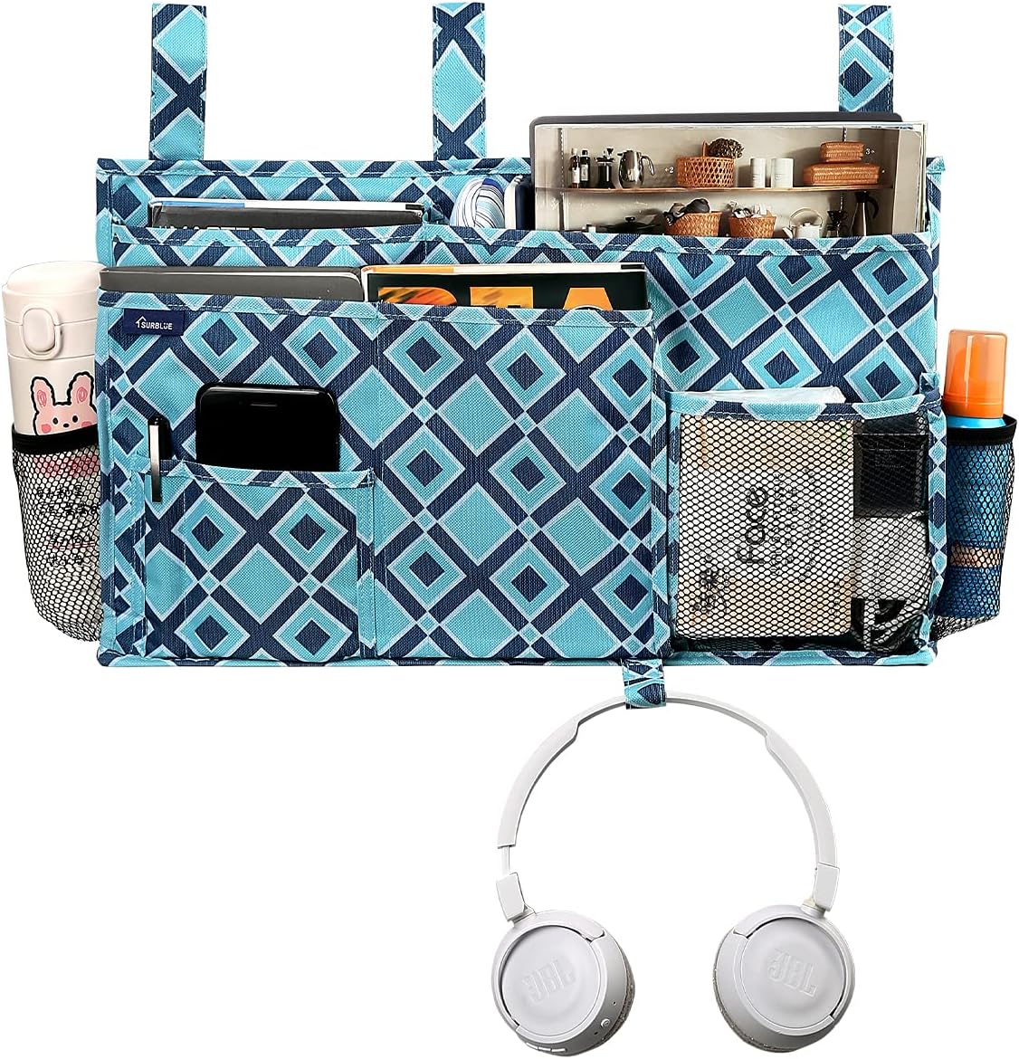 Surblue Bedside Caddy Hanging Bed Organizer Storage Bag Pocket for Bunk and Hospital Beds, College Dorm Rooms Baby Bed Rails, Camp 8 Pockets, (Large, Blue Plaid)