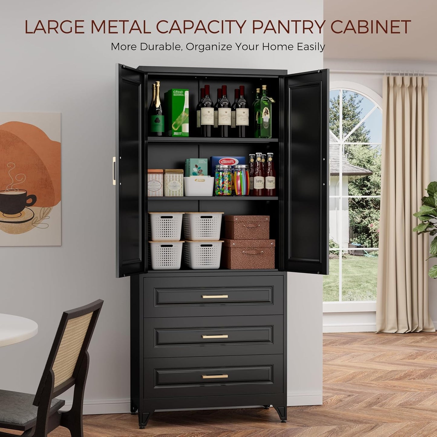 75" Kitchen Pantry Cabinet, Metal Storage Cabinets with Doors and Adjustable Shelves, Black Tall Pantry Cabinet with 3 Drawers for Dinning Living Room