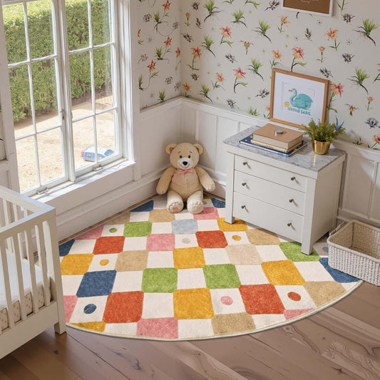 jinchan Kids Rug for Nursery 5ft Radius Corner Washable Area Rug Modern Colorful Quarter Circle Rug Soft Non-Slip Carpet for Bedroom Playroom Daycare Reading Nook Kitchen Classroom Circus on Cream