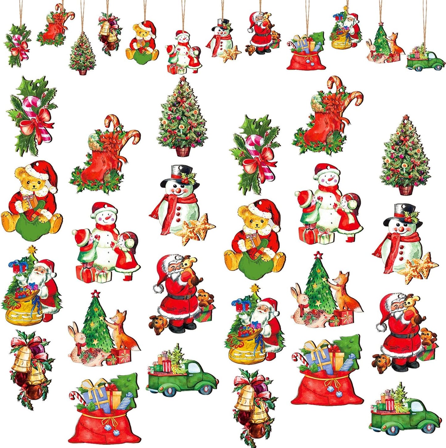 Victorian Style Wood Ornaments - 48 Pcs Christmas Decorations Hanging Santa Claus Snowman Retro Wooden Ornament