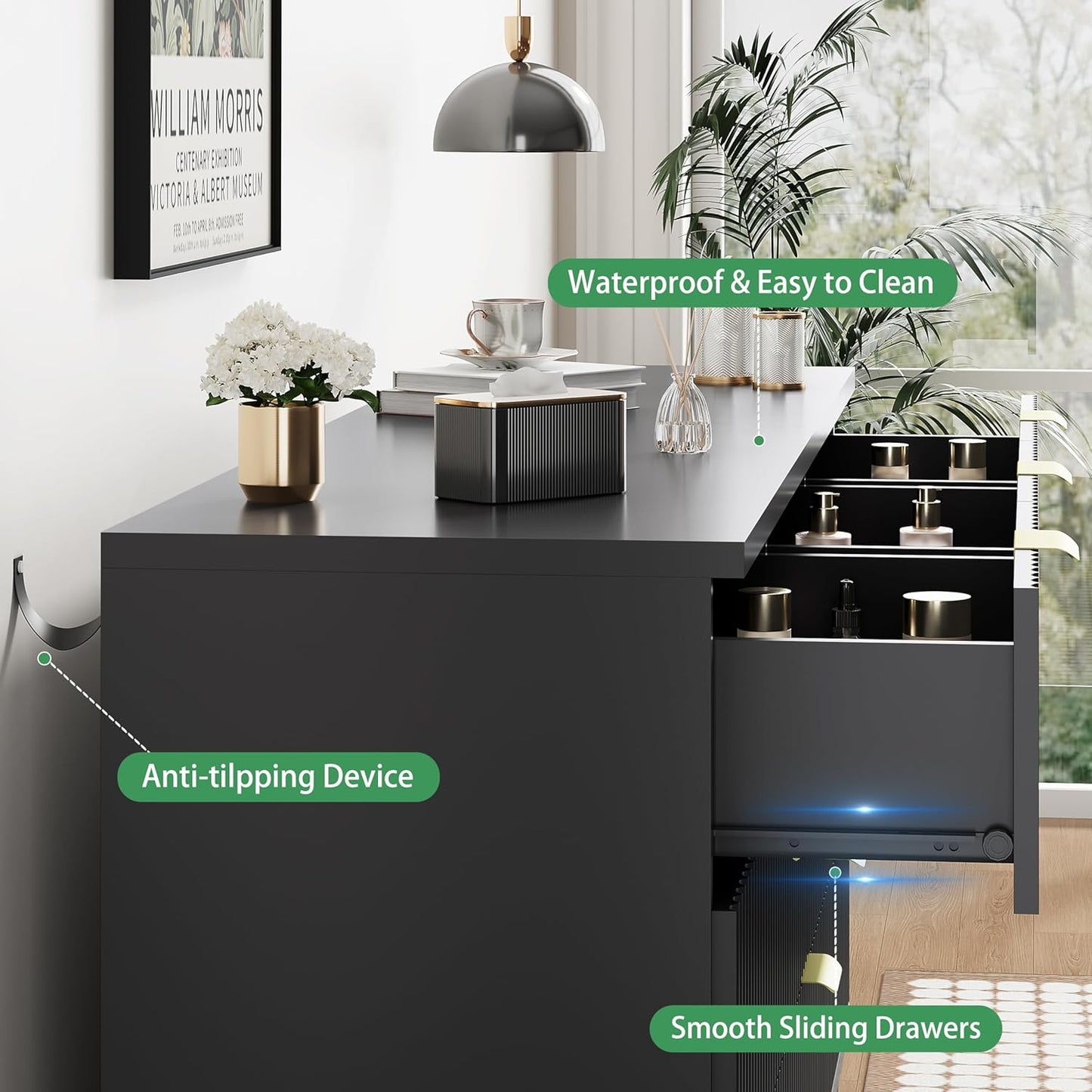 Fluted Dresser for Bedroom with 9 Drawers, 57" Wide Chest of Drawers with Metal Handle, Modern Wood Dresser TV Stand, Wooden Closet Clothes Storage Organizer for Living Room, Hallway, Black