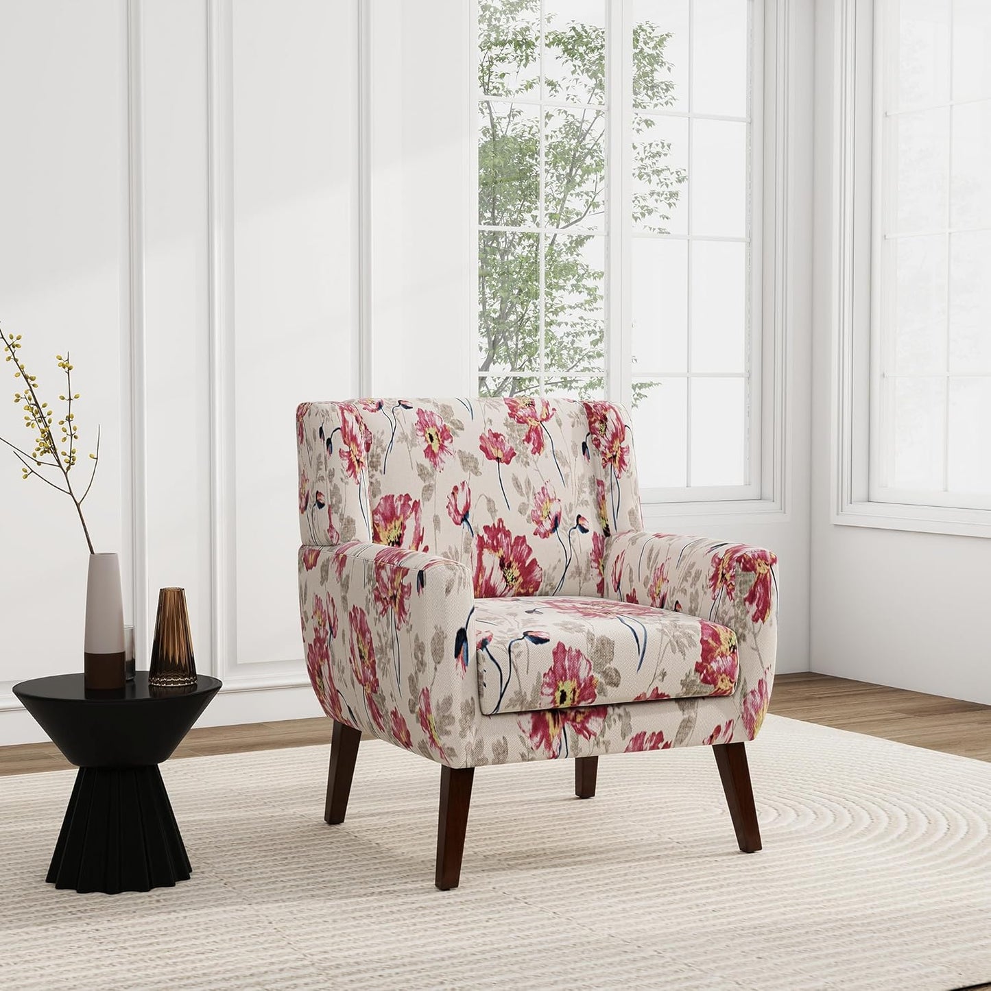 UIXE Floral Accent Chair, Modern Upholstered Armchair in Fabric for Living Room, Comfy Club Arm Chairs Single Sofa Button Tufted Bedroom Reading Seat - Pattern White, Set of 2