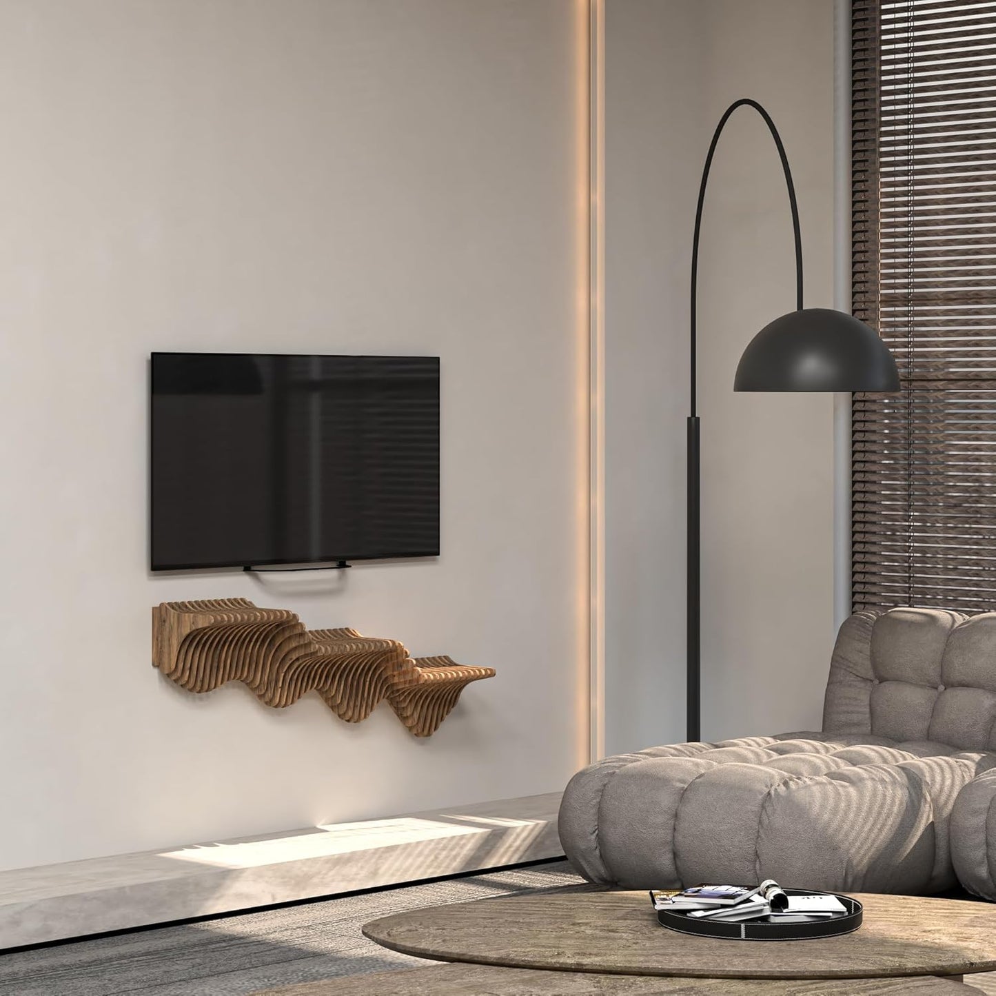 Parametric 40 inch Floating Shelf TV Unit Modern Geometric Wooden Wall Piece Decor Natural Oak Color 3D Wavy Living and Gaming Room Shelf