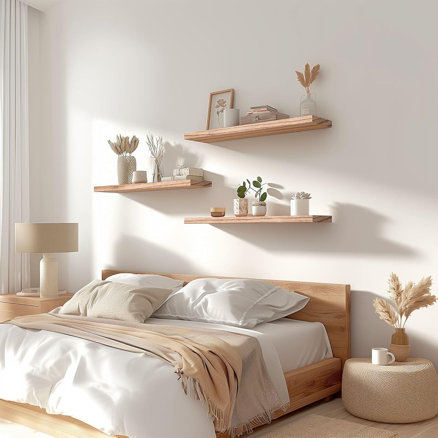 Wood Floating Shelves for Wall Decor, Rustic Wall Shelves for Bedroom Bathroom Kitchen Living Room, Set of 4 Light Walnut 24 Inch