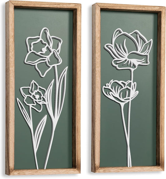 3D Floral Green Wall Art (Set of 2) Lightweight, Wooden Ready-to-Hang Boho Framed Wall Art for Bathroom, Bedroom, Living Room or Office – Premium Sage Green Farmhouse Decor – Gift-Boxed
