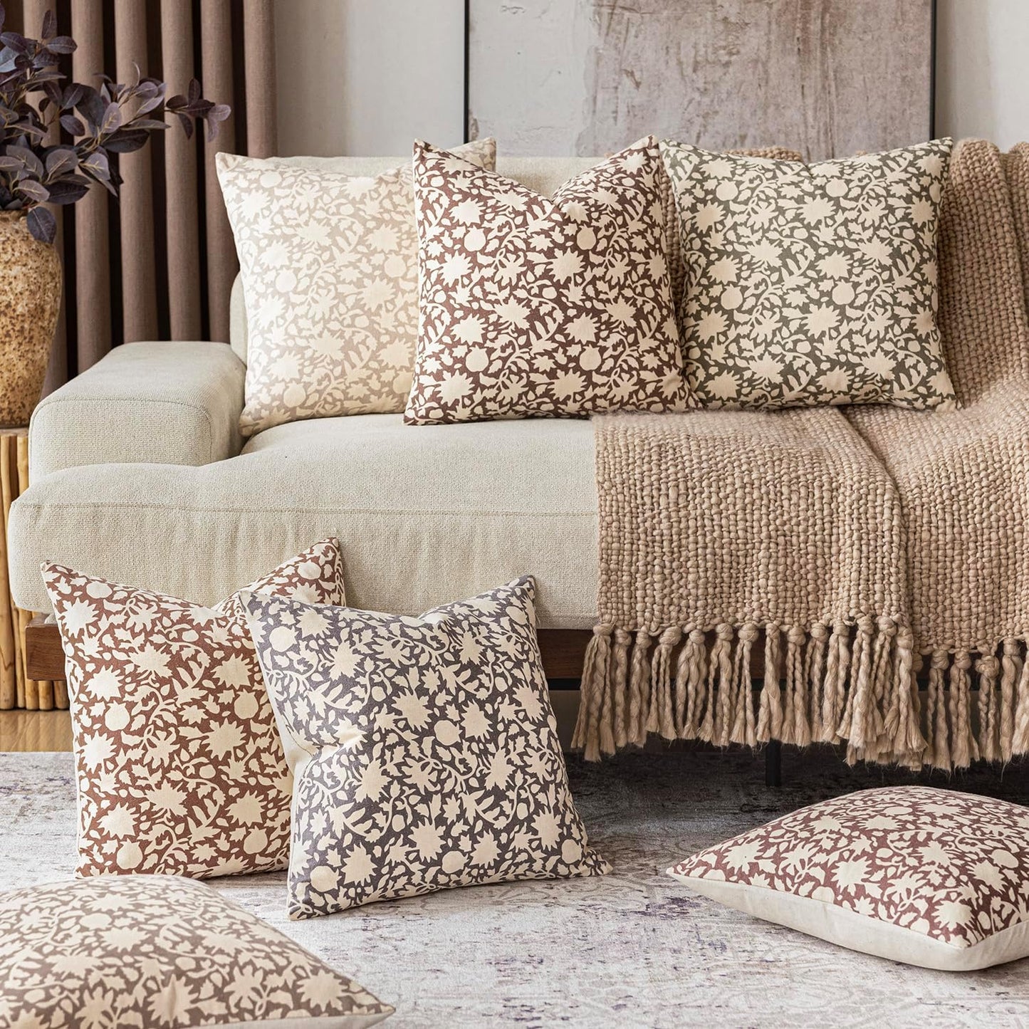 Foindtower Set of 2 Decorative Neutral Floral Throw Pillow Covers Accent Farmhouse Cushion Covers Boho Vintage Pillowcase for Couch Sofa Bedroom Living Room Home Decor Outdoor,24×24 Inch,Wine Red