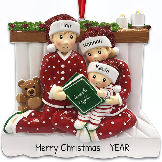 Fireplace Family of 3 Christmas Ornament 2025 Personalized Family Christmas Ornaments 2025 | Bedtime Reading w/Teddy Personalized Tree Ornaments Customizable Gifts Matching Pajamas of Three Ornament