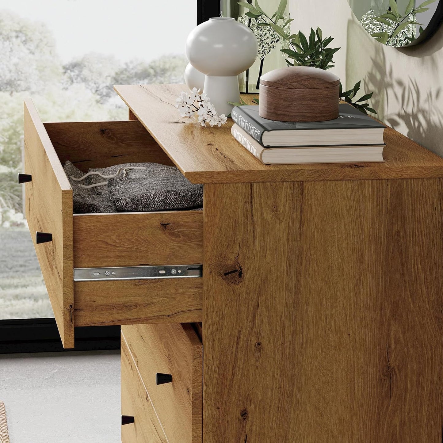 WAMPAT Bedroom Dresser with 3 Drawers, 35.4" Wide Wood Kids Dressers, Chest of Drawers, Modern Closet Organizer Bachelors Chest w/Solid Wood Legs for Living Room, Baby Room, Nursery, Oak Brown