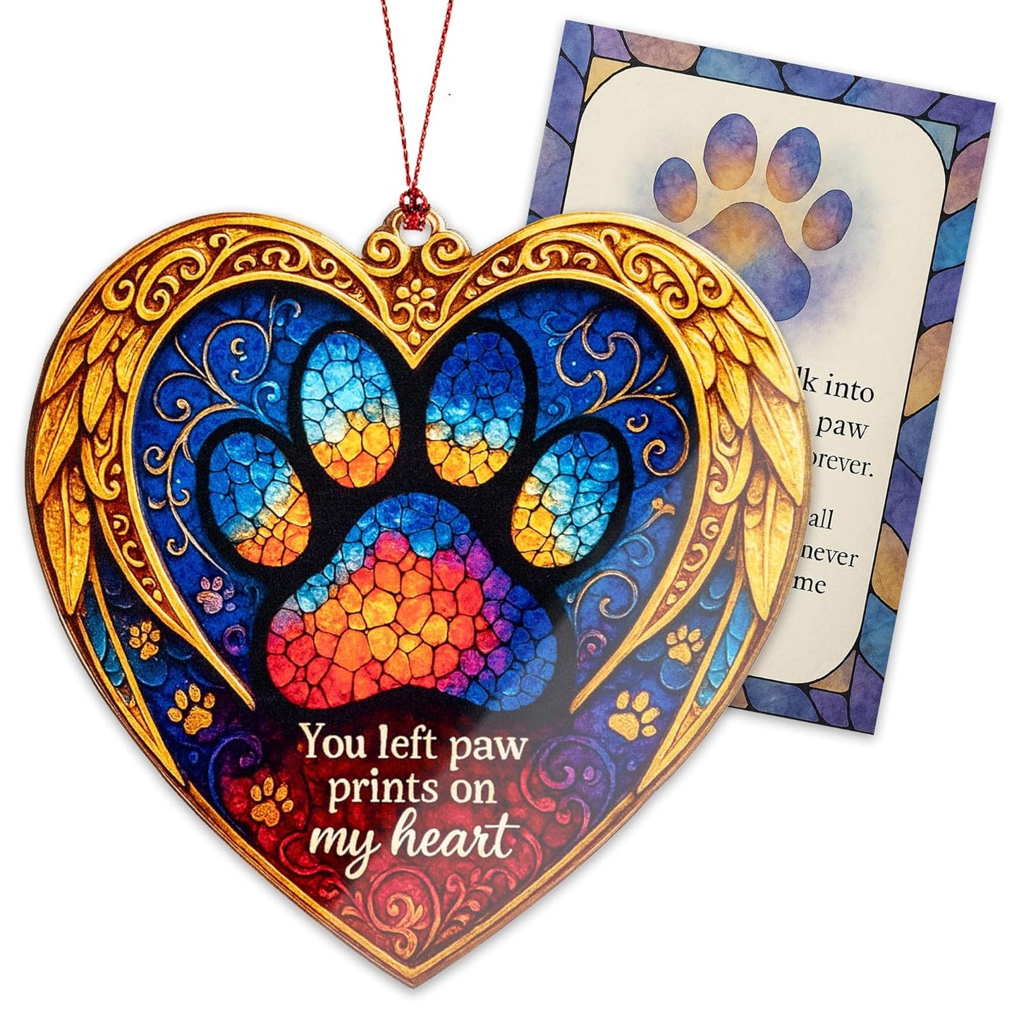 Pet Memorial Ornament – Paw Prints on My Heart | Dog Cat Loss Gift – Rainbow Bridge Keepsake – Sympathy Bereavement Christmas Tree Decoration – Car Hanging