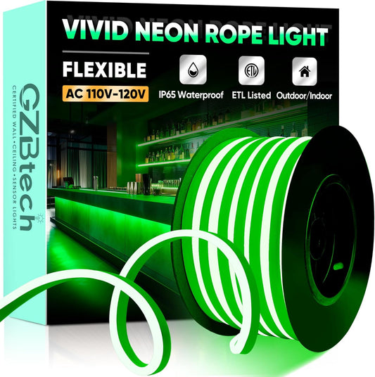GZBtech Flexible LED Neon Rope Lights 33FT,AC 110-120V Waterproof Strip Light, 120 LEDs/M Cuttable Connectable Neon Lighting for Indoor Outdoor Home Decor/Commercial Building Use-Green 10M