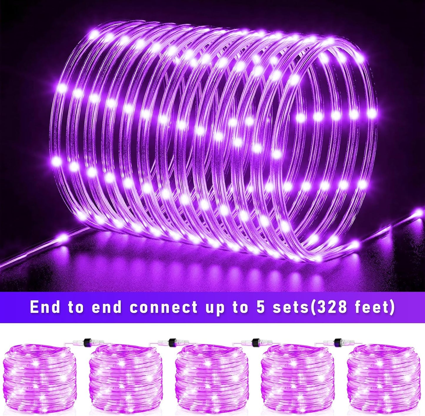 Purple Halloween Lights, 66FT 200 LED Rope Lights for Outside Waterproof with 8 Modes, Connectable Tube String Lights for Indoor, Garden, Backyard, Patio, Deck, Pool, Tree Decorations