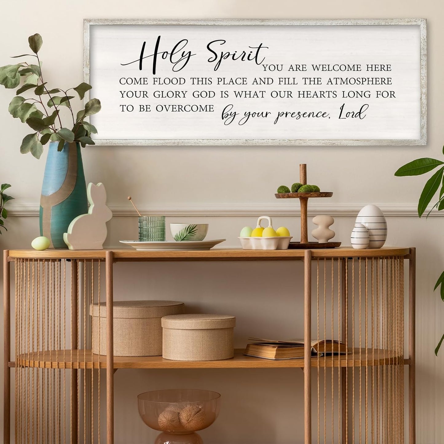 Holy Spirit You are Welcome Here Wall Decor Art 32x12 Inch Large Christian Song Bible Verse Plaque Wood Framed Sign Living Room Scripture Quote Religious For Office Wall Hanging (White)