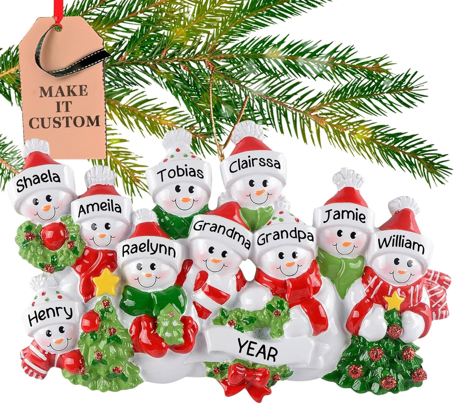 Personalized Large Family of 10 Ornament 2025 | Free 24h Customization | Laser Engraved Snowman Christmas Ornaments for Tree | Custom Gift Wrapped Festive Holiday Keepsake for Ten Persons