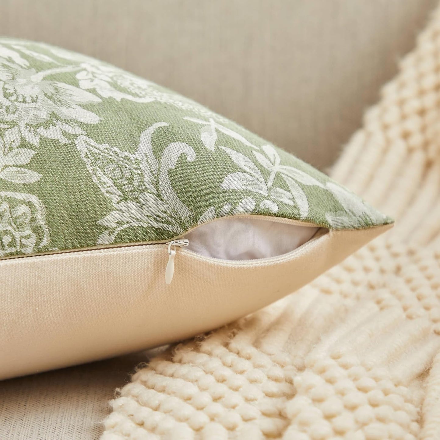 Floral Jacquard Throw Pillow Covers Set of 2, Background/Green 24x24 Inch, Farmhouse Decorative Cotton Sage Green Cushion Covers for Sofa Bed Living Room Home Decor