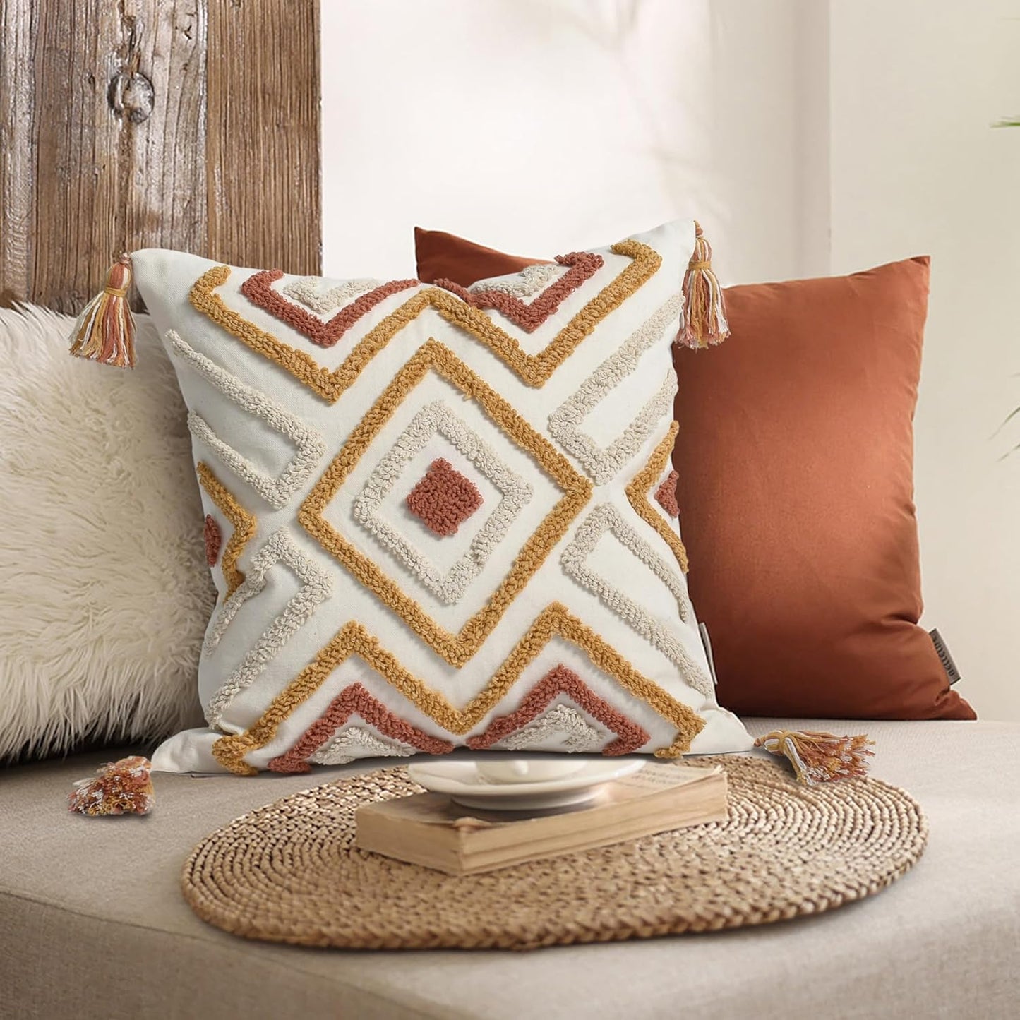 Boho Pillow Covers 18X18 Inch Boho Tufted Throw Pillow Covers Decorative Tassels Cushion Cover Farmhouse Pillow Case for Couch Sofa Bed Living Room Bedroom, Rust
