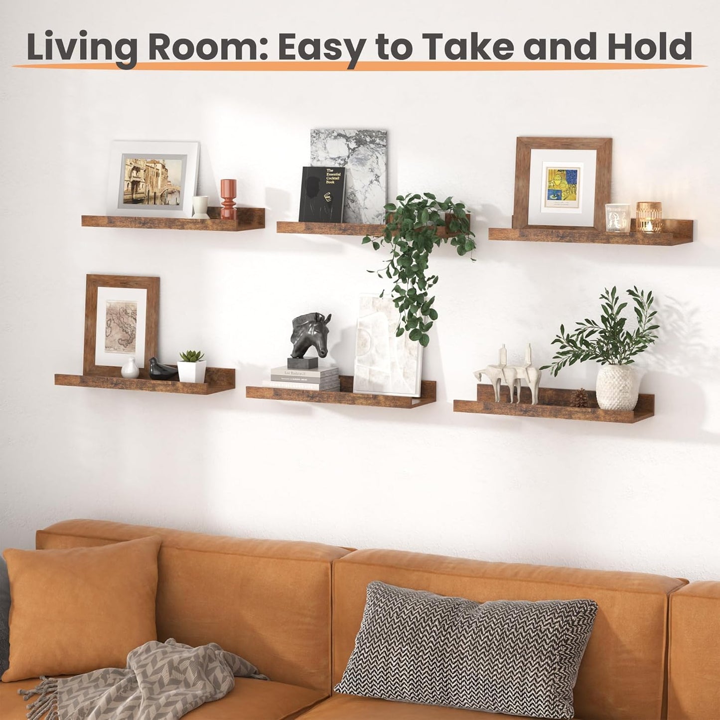 upsimples Floating Shelves for Wall, Wall Shelves for Decor Storage Set of 6, Wall Mounted Wood Shelf for Bedroom, Living Room, Bathroom, Kitchen, Picture Ledge Shelf, Brown