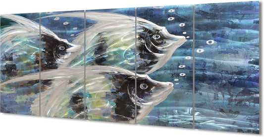 Yihui Arts Abstract Fish Metal Wall Art 3D Coastal Pictures On Aluminum For Bedroom Decoration